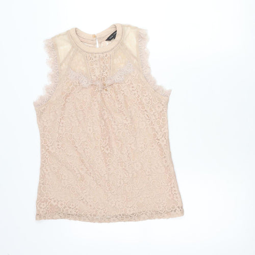 New Look Women’s Beige Lace High Neck Sleeveless Blouse Size 10