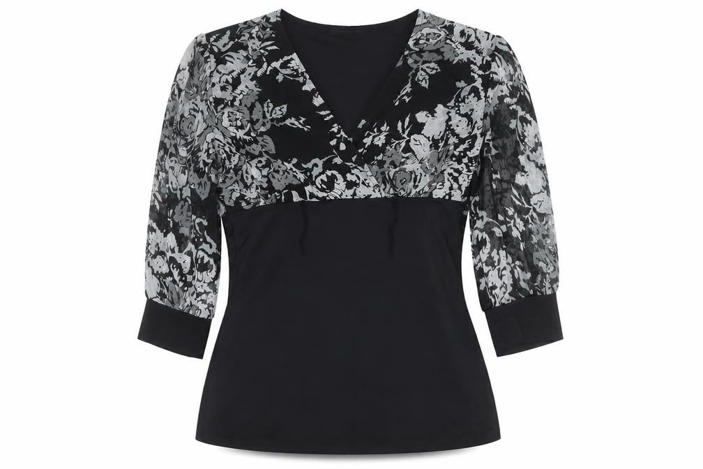 Front view of Essentials by Milano Women’s Black Floral Wrap Blouse, size S