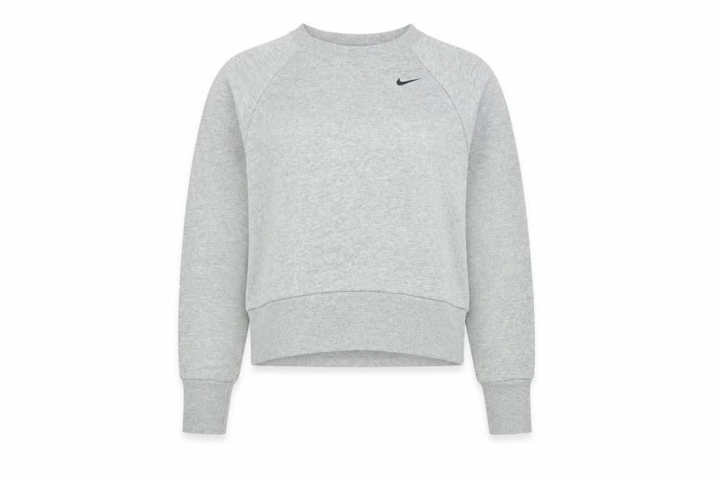 Front view of Nike women’s grey xs dri-fit crew neck long sleeve sweatshirt
