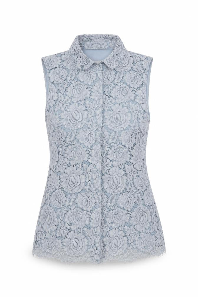 Front view of H&M Women’s Grey Lace Sleeveless Collared Blouse, size UK 6