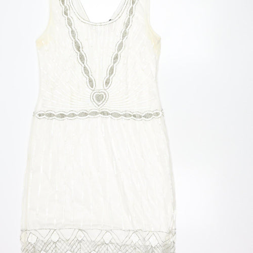 Gatsbylady London Women White Sequin Beaded 20s Sheath Dress Size 16