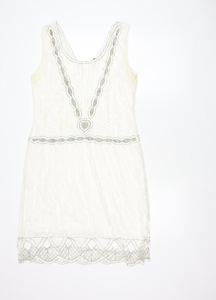 Gatsbylady London Women White Sequin Beaded 20s Sheath Dress Size 16