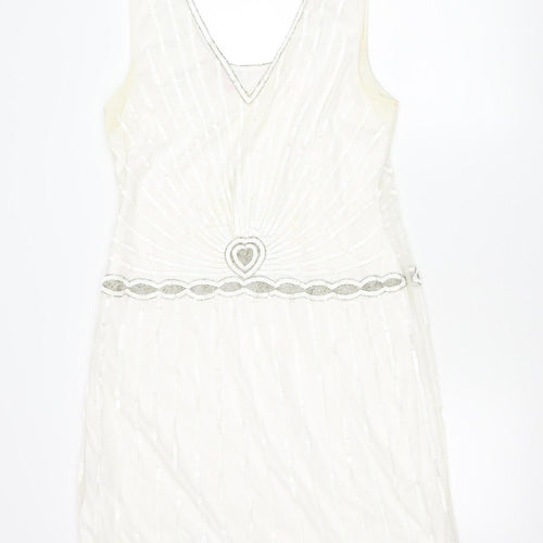 Gatsbylady London Women White Sequin Beaded 20s Sheath Dress Size 16