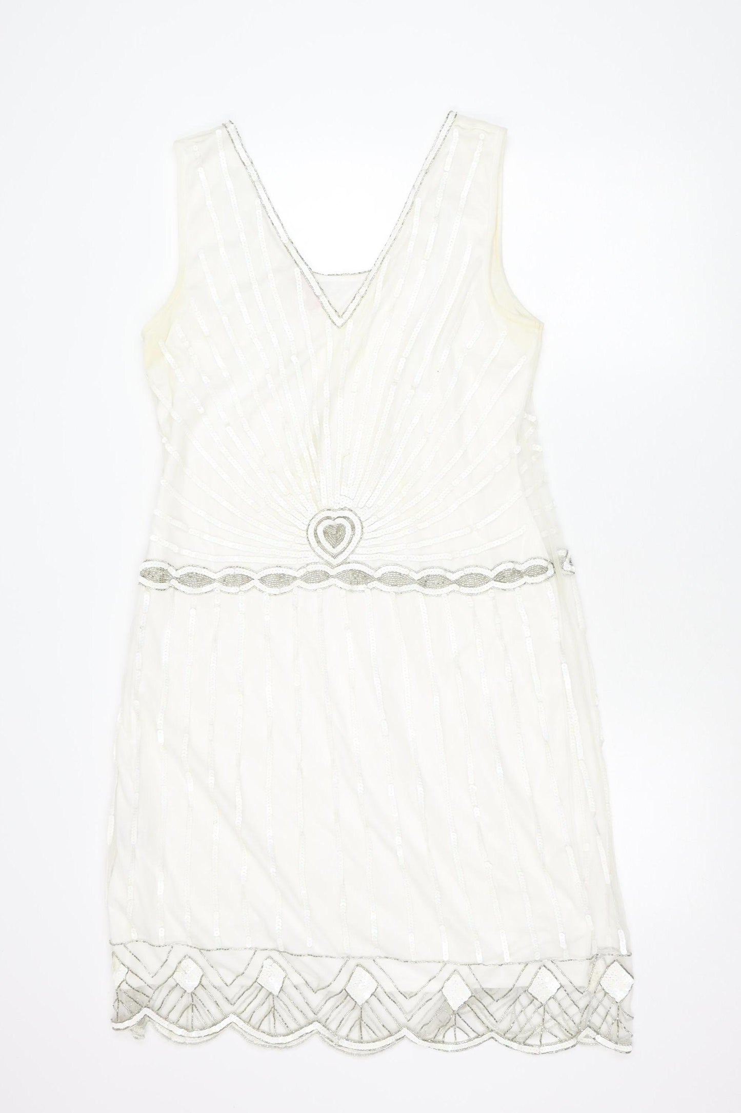 Gatsbylady London Women White Sequin Beaded 20s Sheath Dress Size 16