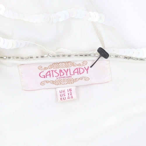 Gatsbylady London Women White Sequin Beaded 20s Sheath Dress Size 16
