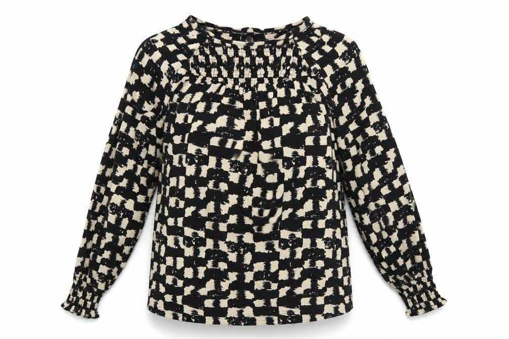 Front view of Next women’s black geometric viscose tunic blouse, size UK 10