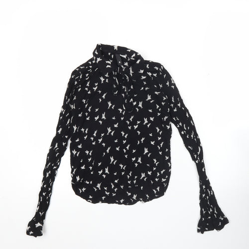 H&M Women’s Black Bird Print Long Sleeve Tunic Blouse Size 6
