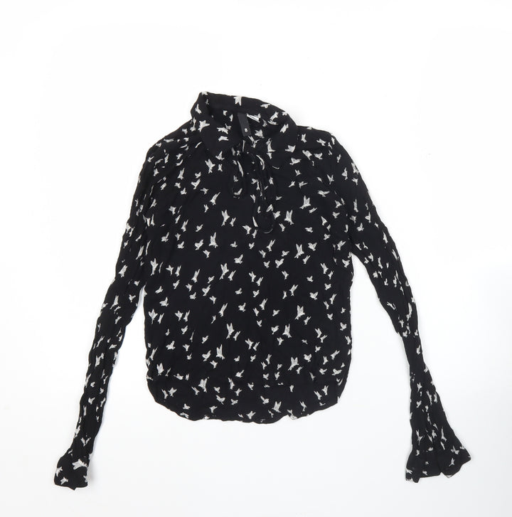 H&M Women’s Black Bird Print Long Sleeve Tunic Blouse Size 6
