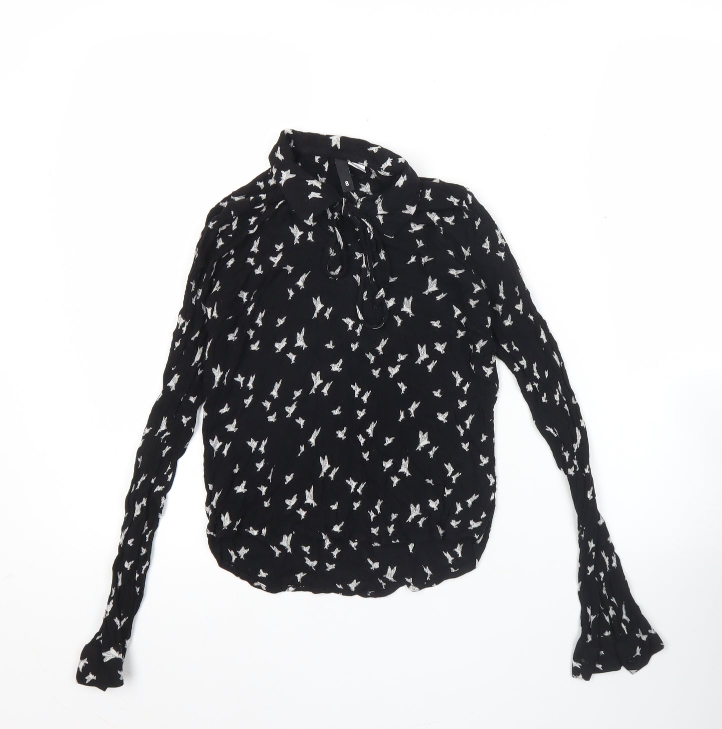 H&M Women’s Black Bird Print Long Sleeve Tunic Blouse Size 6