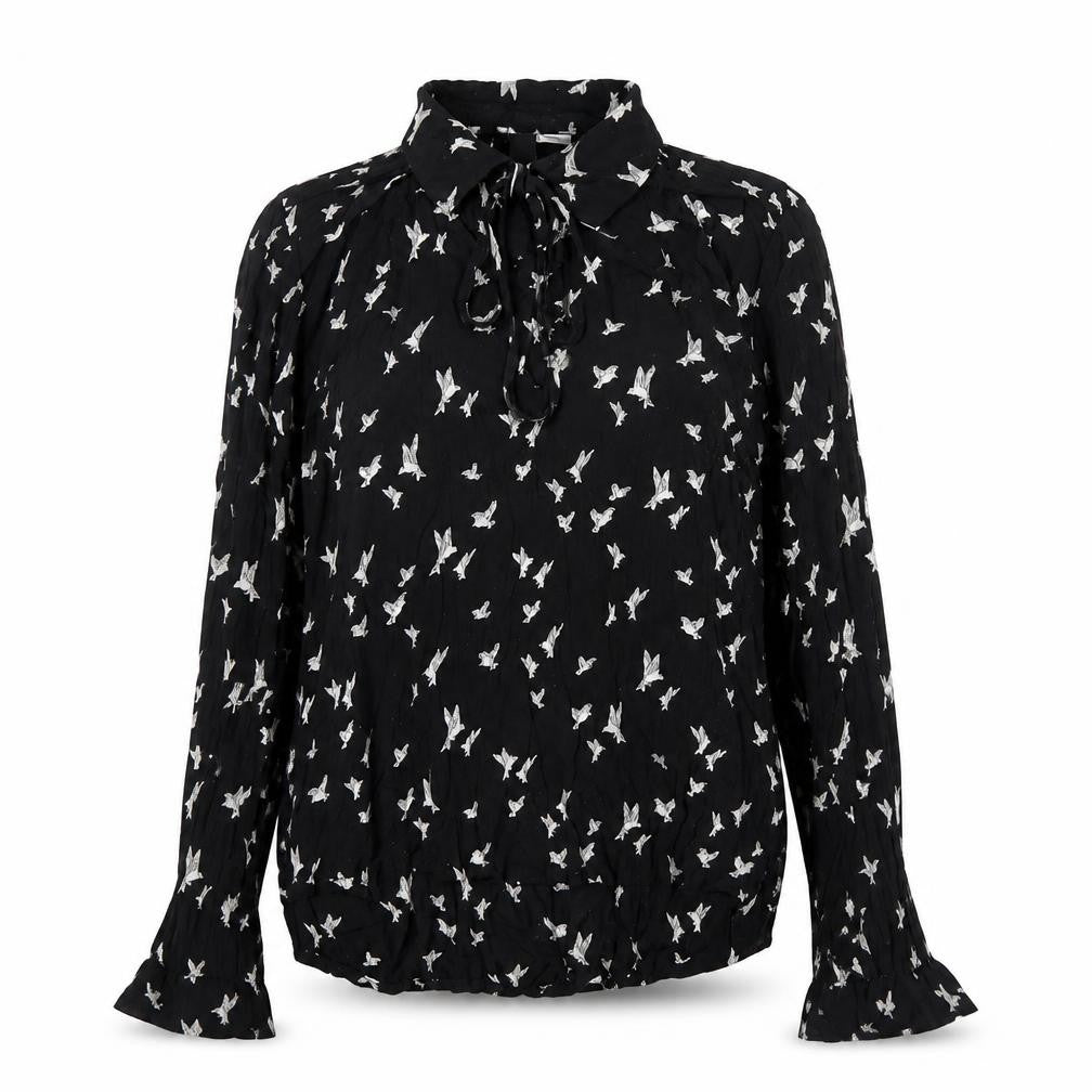 H&M Women’s Black Bird Print Long Sleeve Tunic Blouse Size 6
