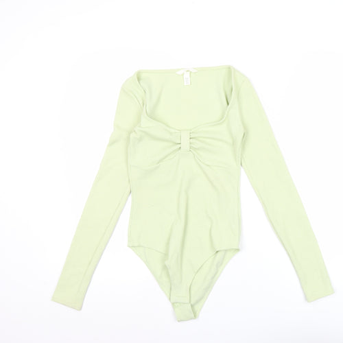 H&M Women’s Green XS Long Sleeve Bodysuit Scoop Neck Slim Fit