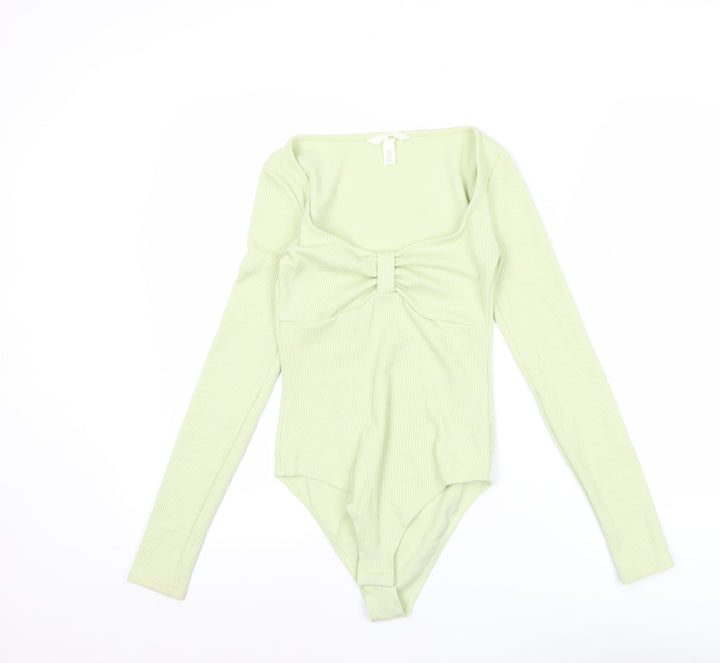 H&M Women’s Green XS Long Sleeve Bodysuit Scoop Neck Slim Fit
