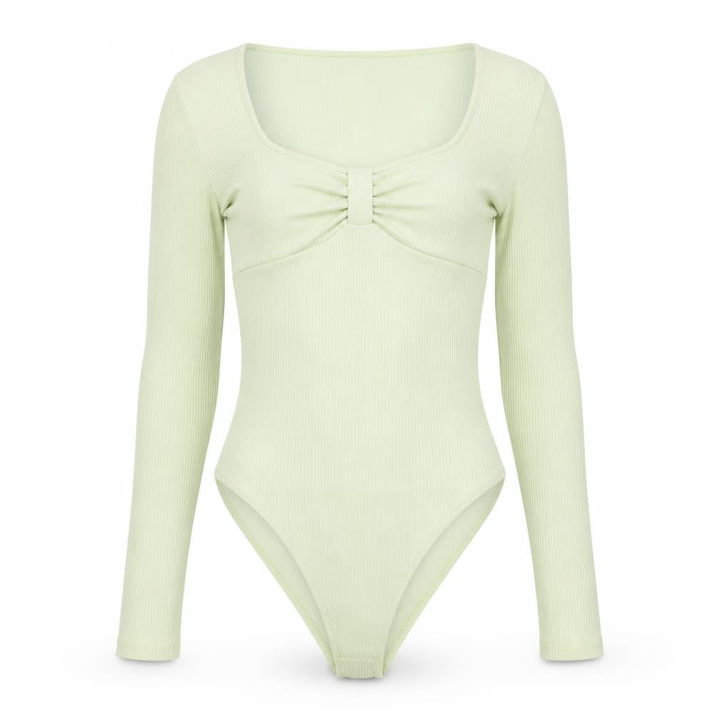 H&M Women’s Green XS Long Sleeve Bodysuit Scoop Neck Slim Fit