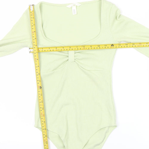 H&M Women’s Green XS Long Sleeve Bodysuit Scoop Neck Slim Fit