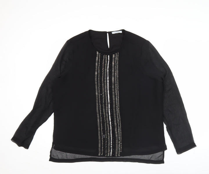Marks and Spencer Womens Black Beaded Blouse Size 16 Long Sleeve Polyester