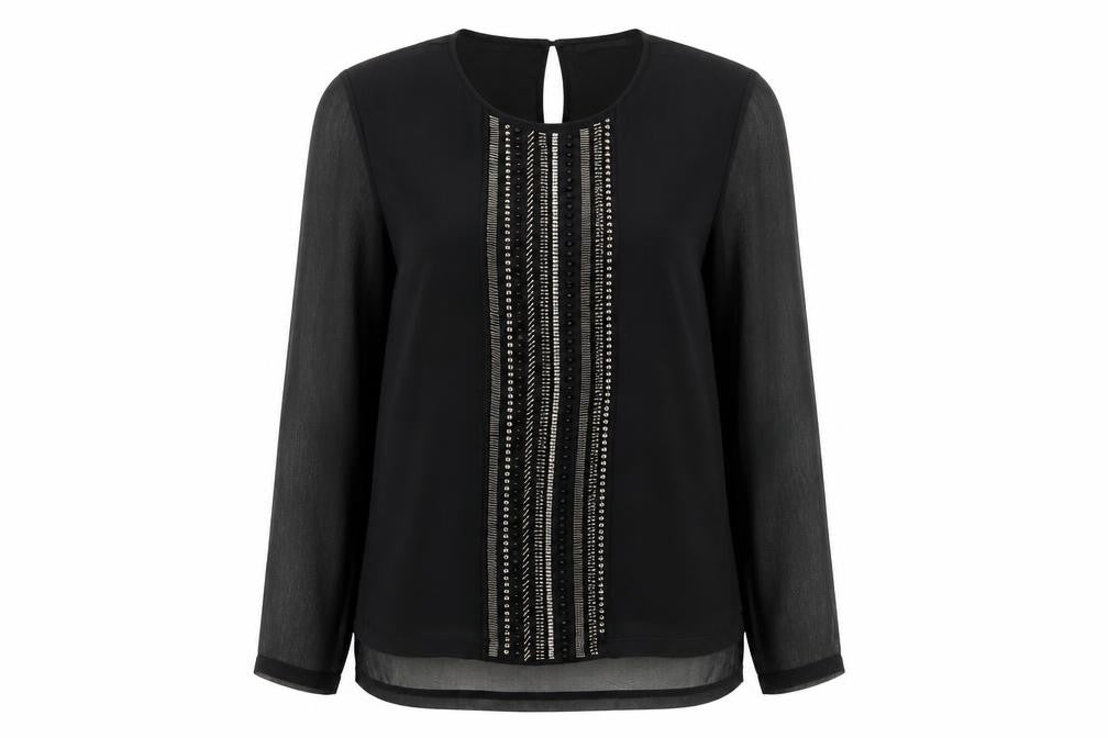 Front view of Marks & Spencer women’s black beaded blouse, size UK 16, long sleeve polyester