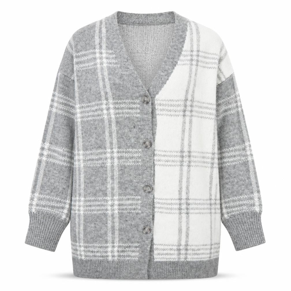 Front view of William Rast women’s grey checked knit long sleeve cardigan m