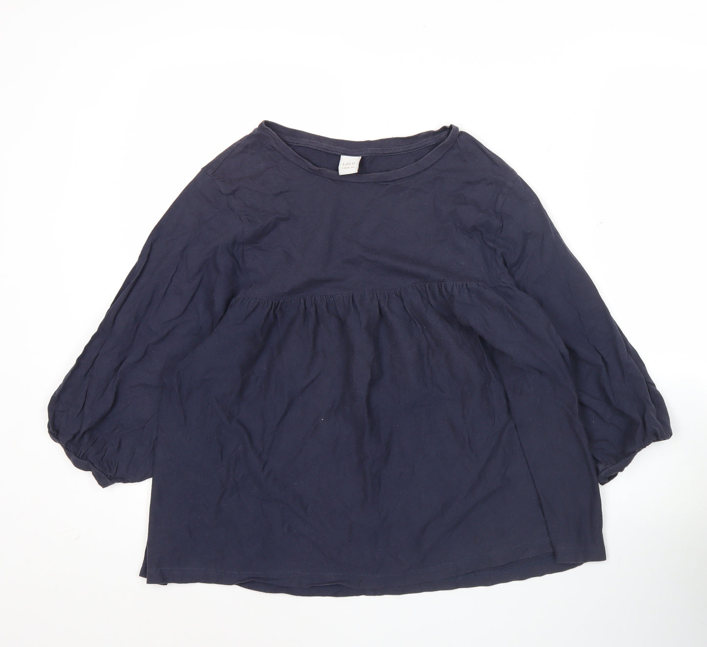 LALU Womens Blue Tunic Blouse Size S Crew Neck 3/4 Sleeve