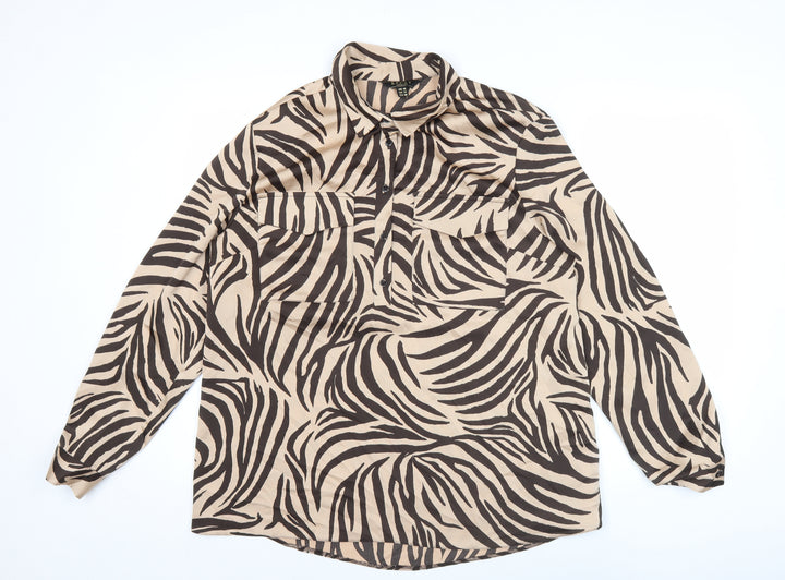 Lipsy Women’s Beige Animal Print Button-Up Blouse Size 18