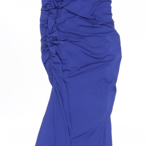 Zara Women’s Blue Long Slip Dress Size 14 V-Neck Ruched Sleeveless