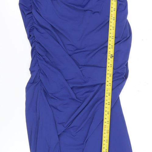 Zara Women’s Blue Long Slip Dress Size 14 V-Neck Ruched Sleeveless