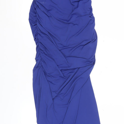 Zara Women’s Blue Long Slip Dress Size 14 V-Neck Ruched Sleeveless