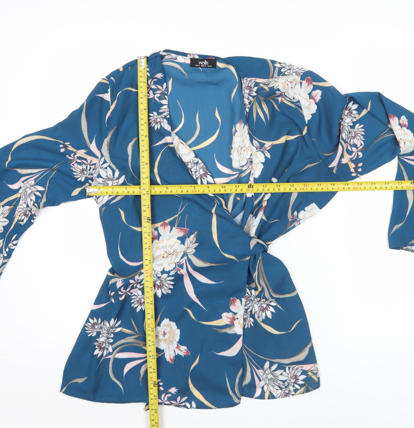 Wallis Women’s Blue Floral Wrap Blouse UK 14 Long Sleeve V-Neck