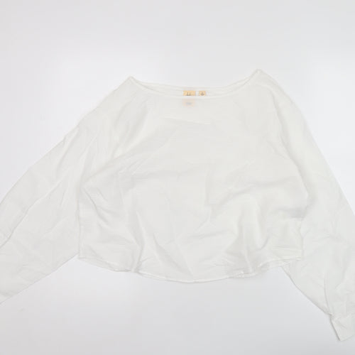 Uniqlo Women’s White Cotton Cropped Blouse L Long Sleeve Boat Neck