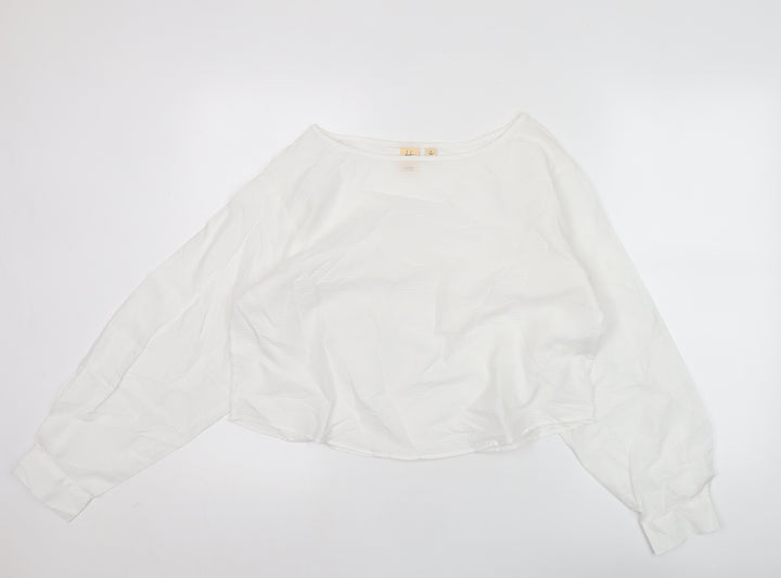 Uniqlo Women’s White Cotton Cropped Blouse L Long Sleeve Boat Neck