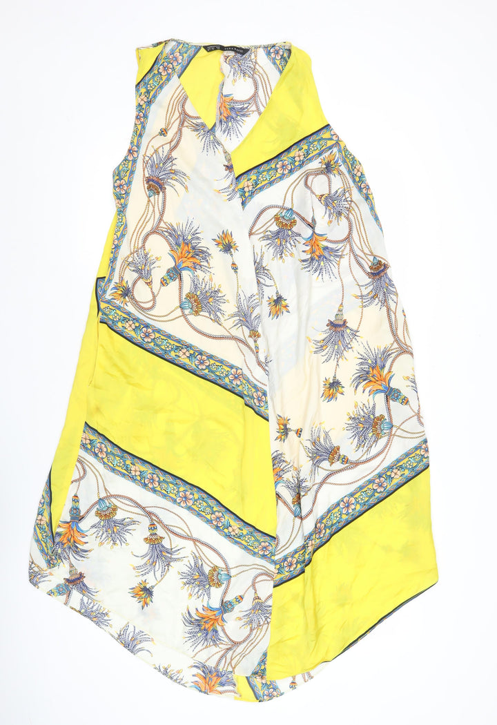 Zara Basic Women’s Yellow Multicolour Floral Midi Shift Dress Size 12