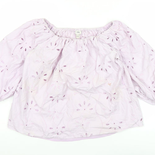 River Island Women Pink Cotton Embroidered Puff Sleeve Blouse Size 10