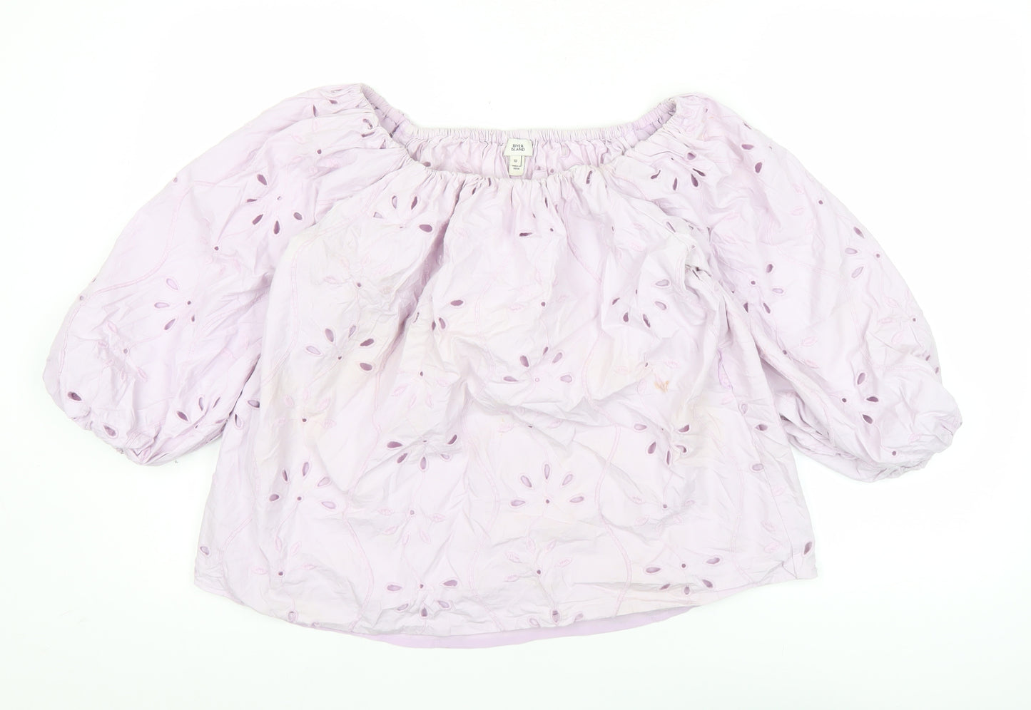 River Island Women Pink Cotton Embroidered Puff Sleeve Blouse Size 10