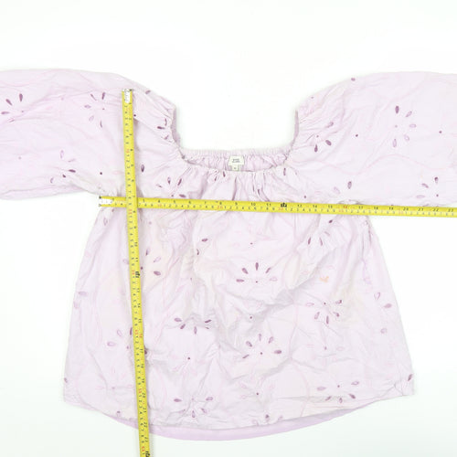 River Island Women Pink Cotton Embroidered Puff Sleeve Blouse Size 10