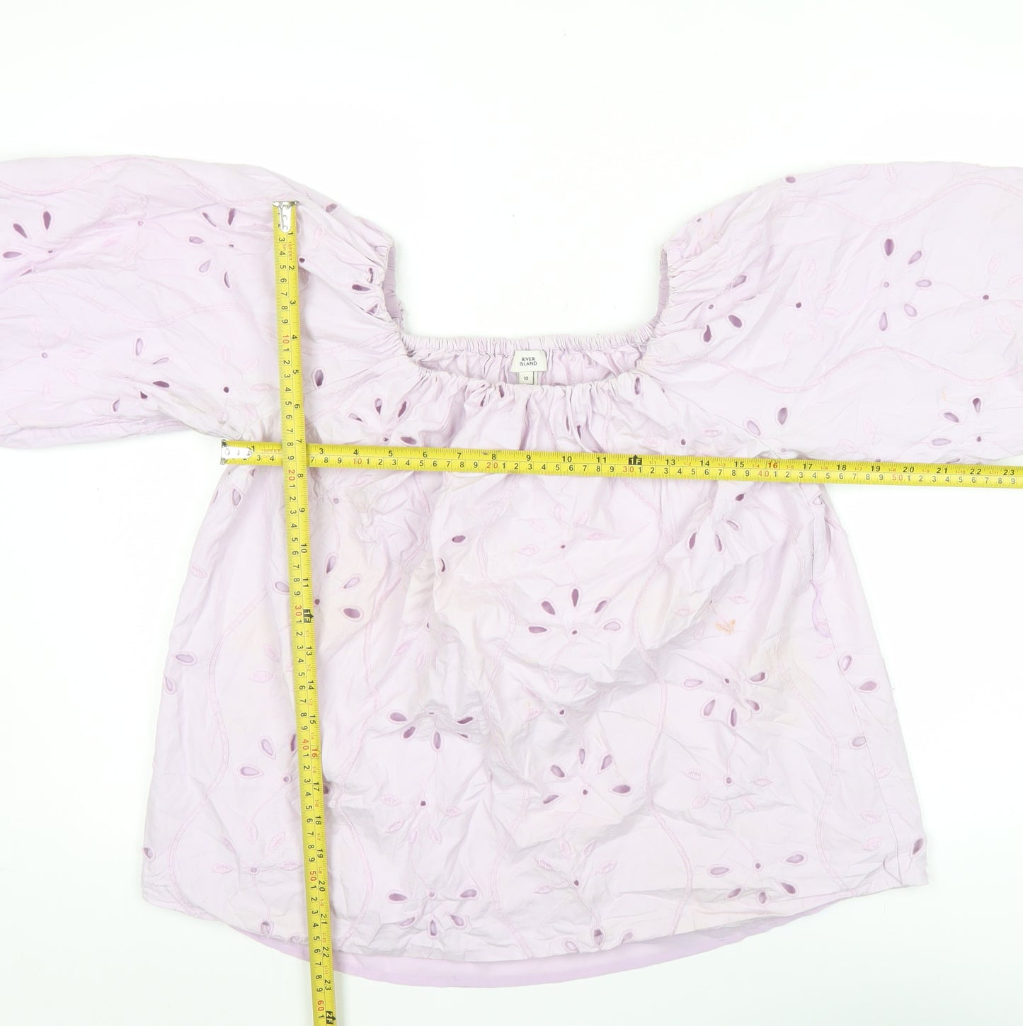 River Island Women Pink Cotton Embroidered Puff Sleeve Blouse Size 10