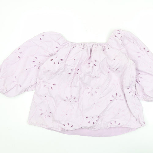 River Island Women Pink Cotton Embroidered Puff Sleeve Blouse Size 10