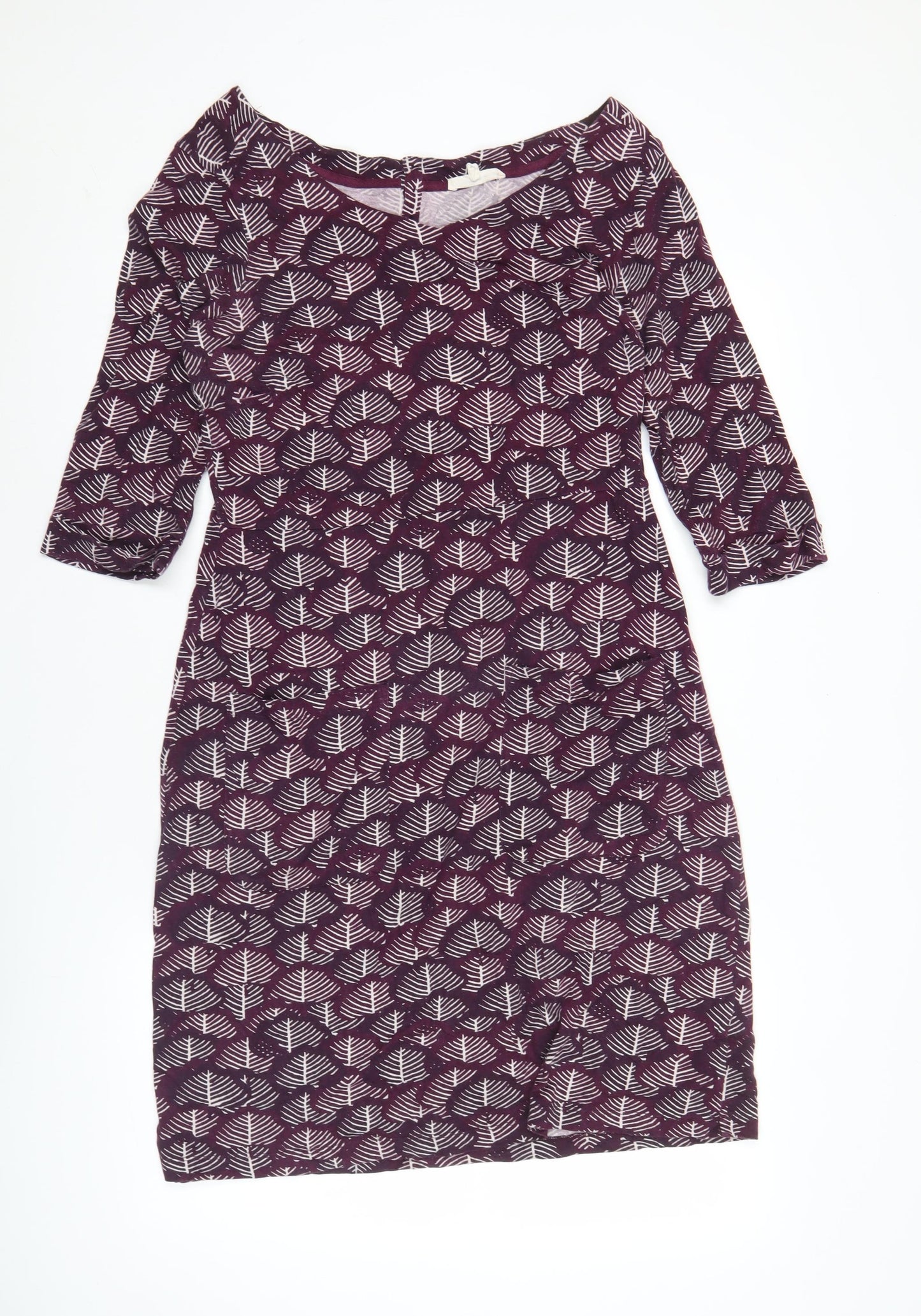 White Stuff Womens Purple Leaf Print Shift Dress Size 12 3/4 Sleeve