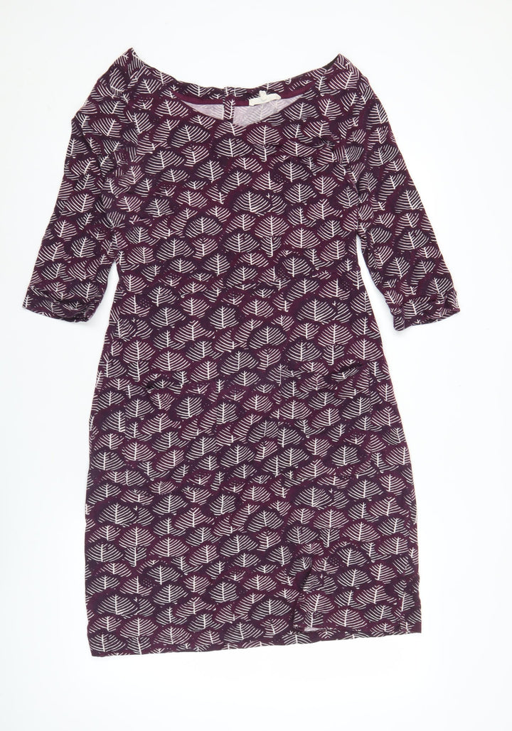 White Stuff Womens Purple Leaf Print Shift Dress Size 12 3/4 Sleeve
