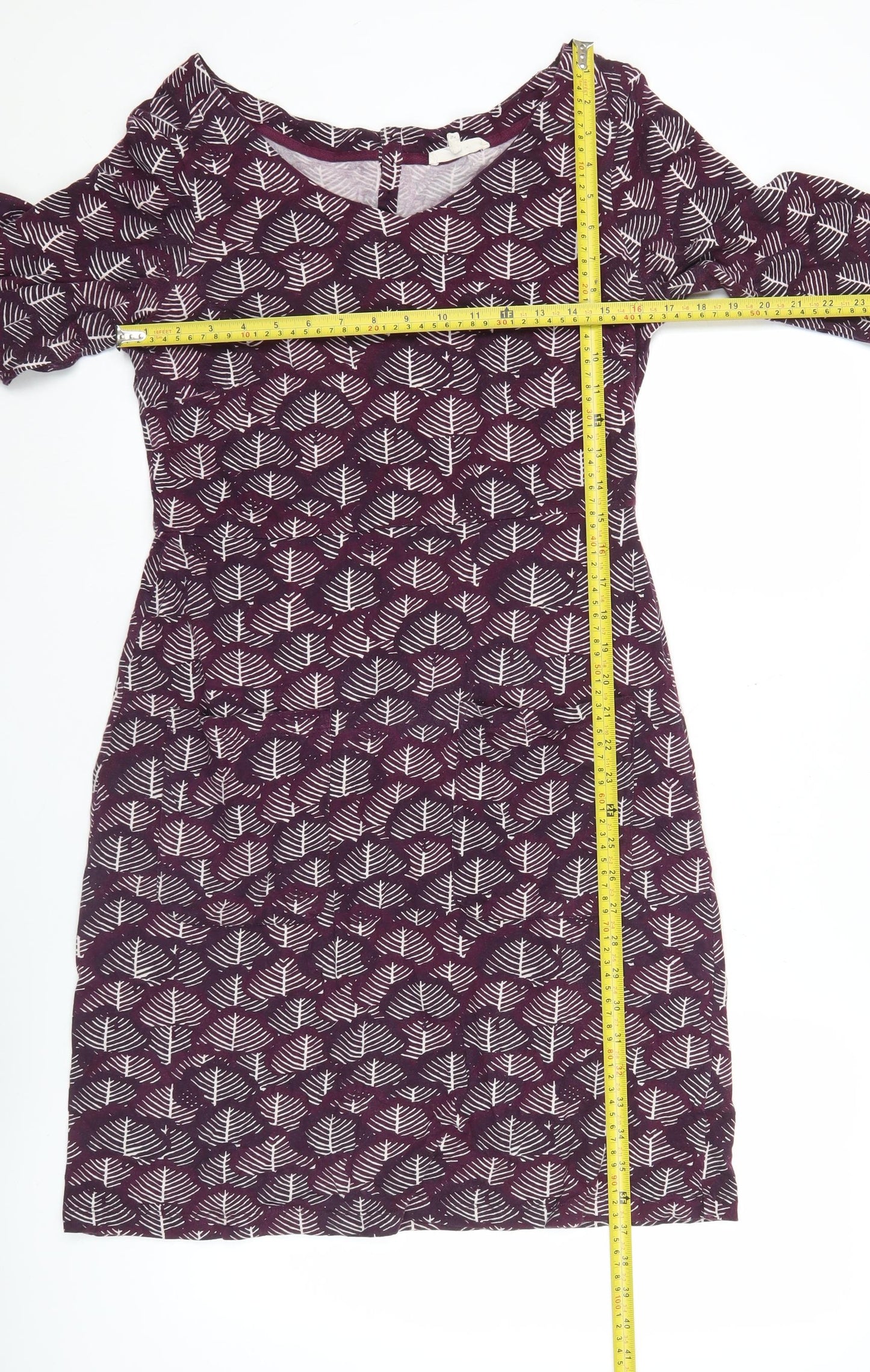 White Stuff Womens Purple Leaf Print Shift Dress Size 12 3/4 Sleeve