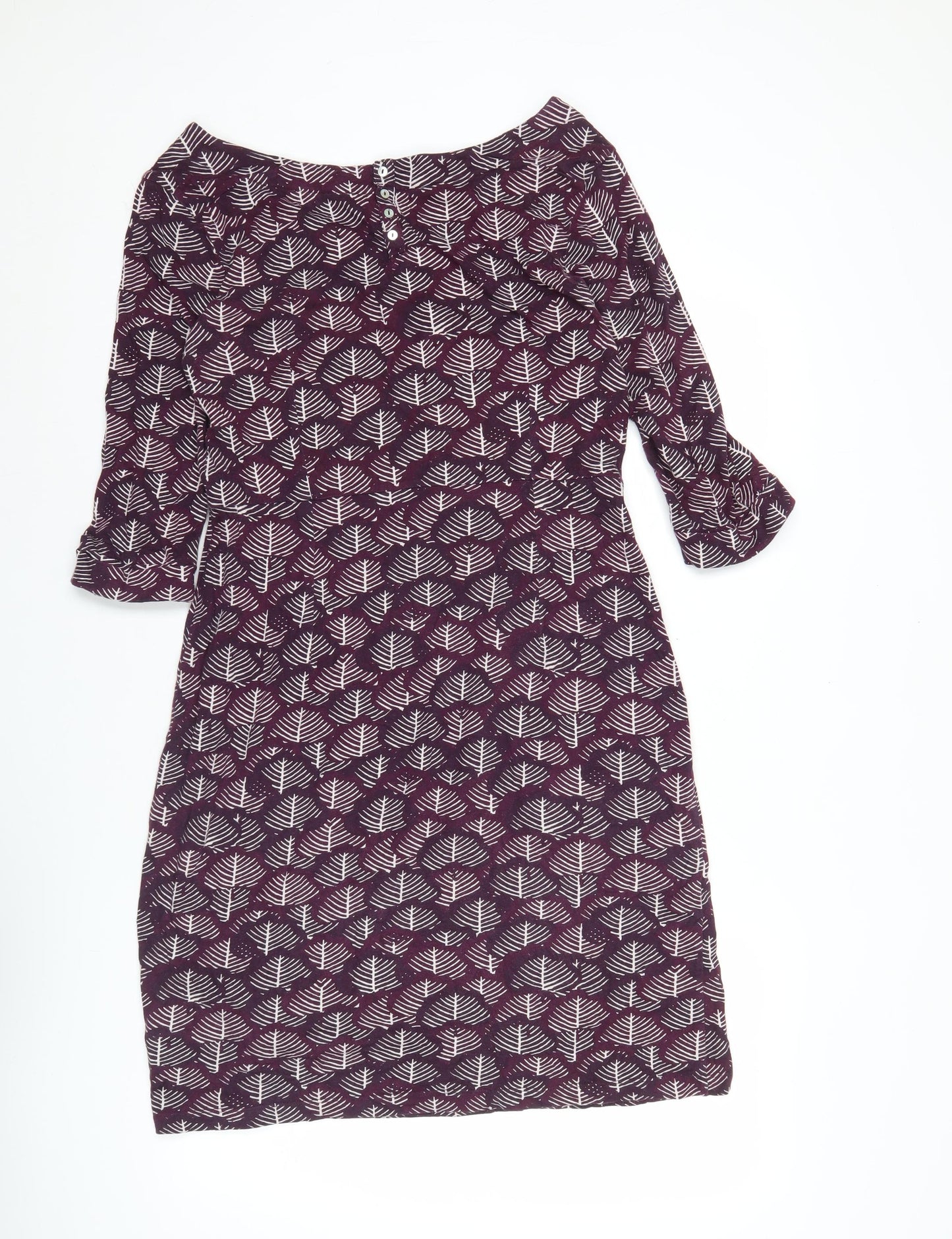 White Stuff Womens Purple Leaf Print Shift Dress Size 12 3/4 Sleeve