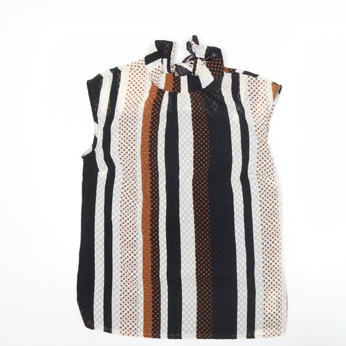 Next Women’s Petite Black Brown White Striped Bow Blouse Size 10P