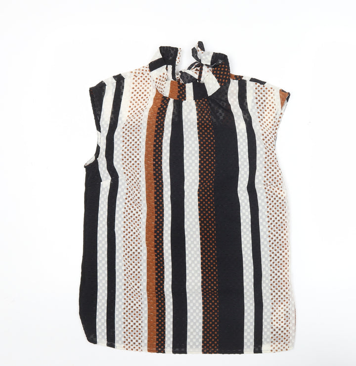 Next Women’s Petite Black Brown White Striped Bow Blouse Size 10P