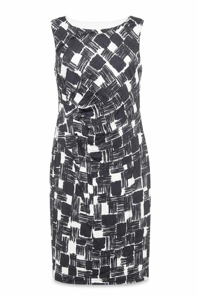 Front view of Phase Eight women’s, size UK 14, black white geometric sheath ruched dress