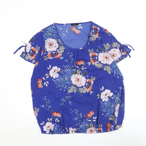 M&Co Womens Blue Floral Tunic Blouse Size 14 Short Sleeve Scoop Neck