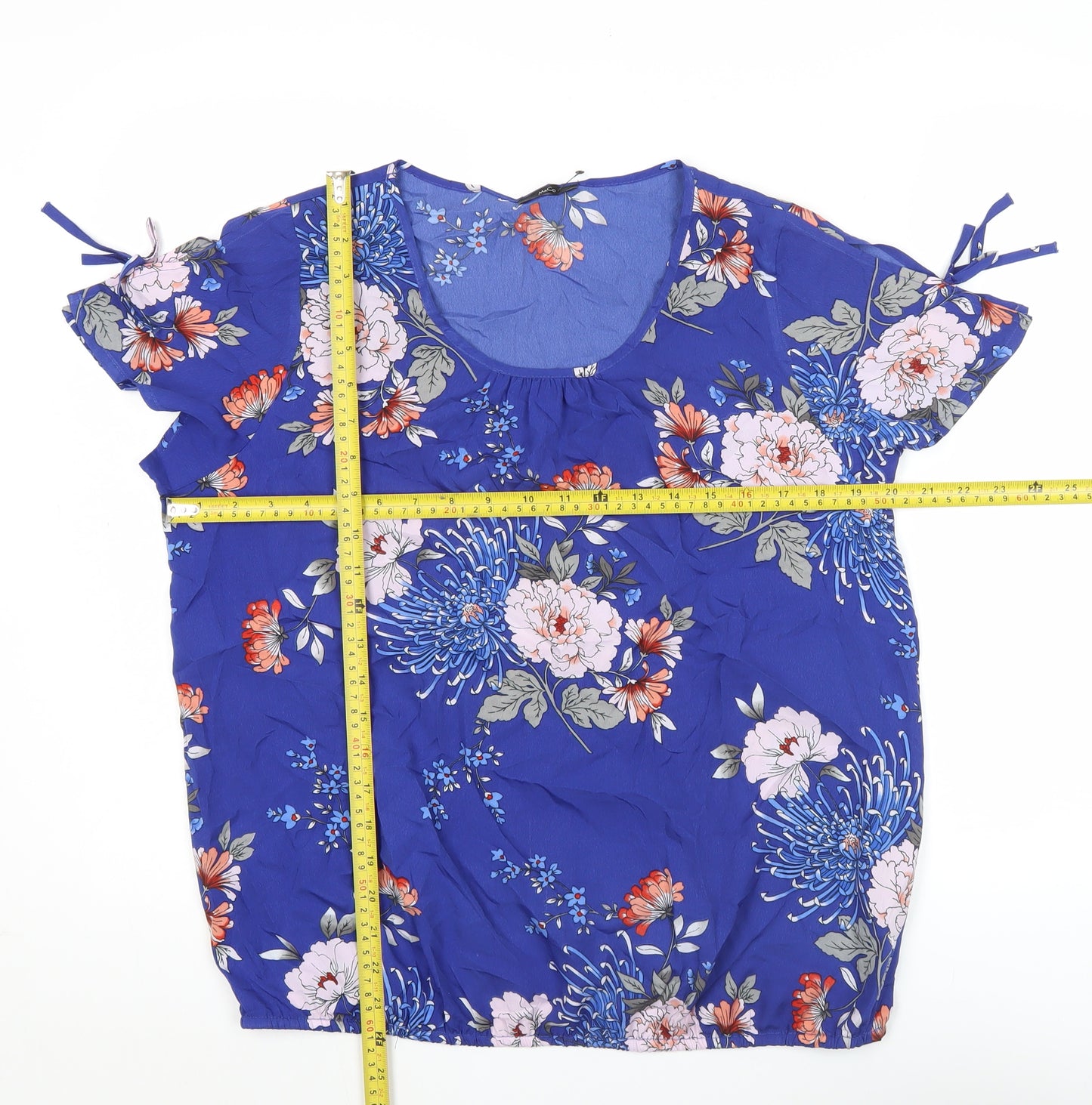 M&Co Womens Blue Floral Tunic Blouse Size 14 Short Sleeve Scoop Neck