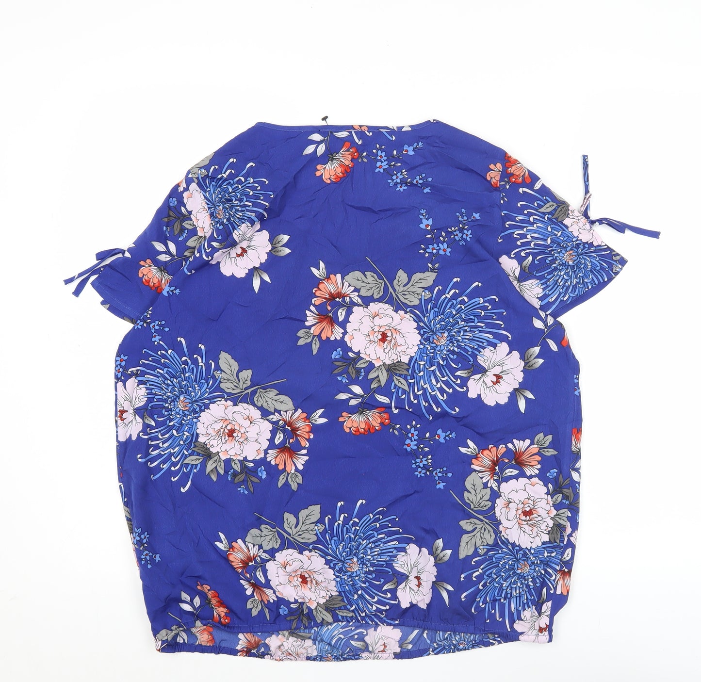 M&Co Womens Blue Floral Tunic Blouse Size 14 Short Sleeve Scoop Neck