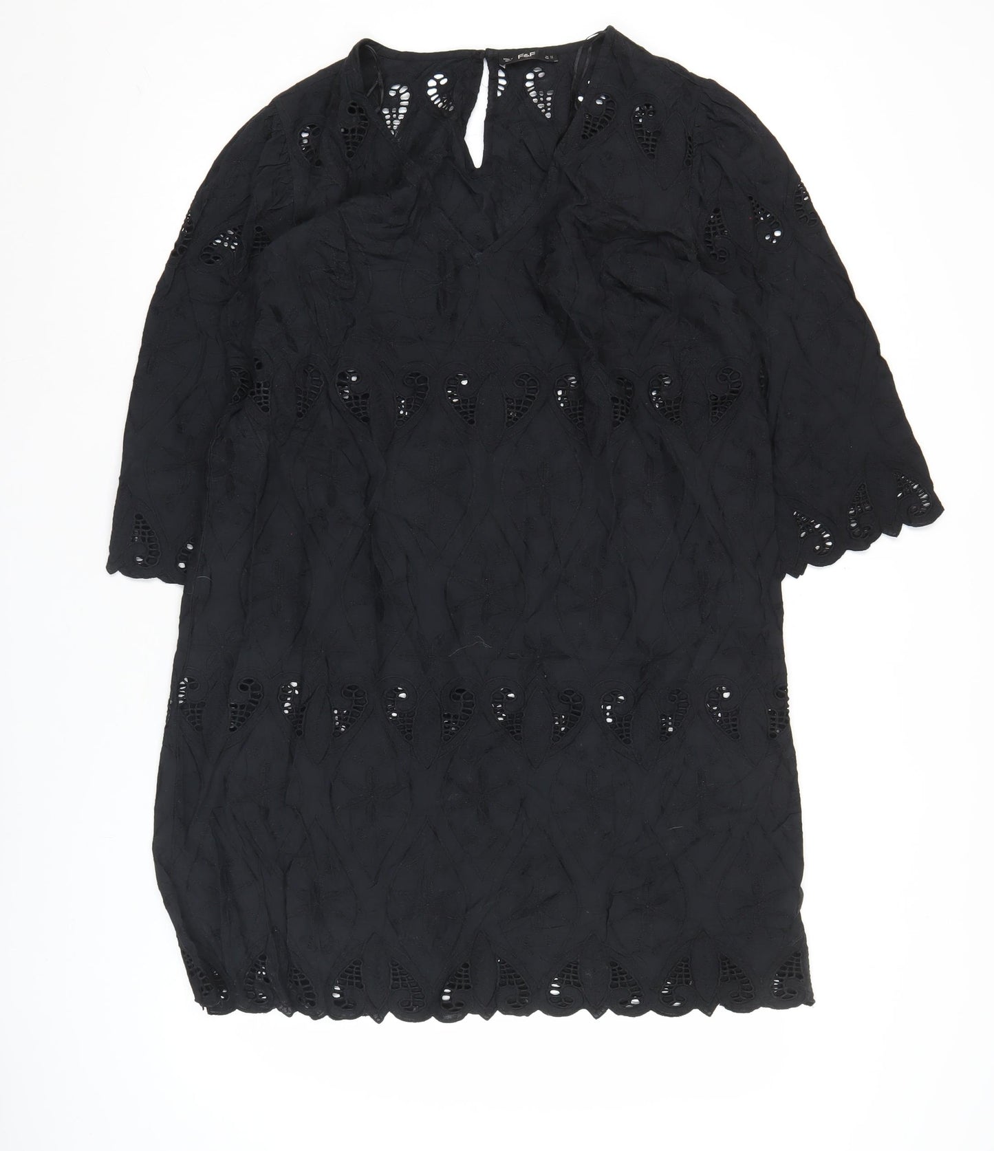 F&F Womens Black Cotton Shift Dress M Knee Length 3/4 Sleeve