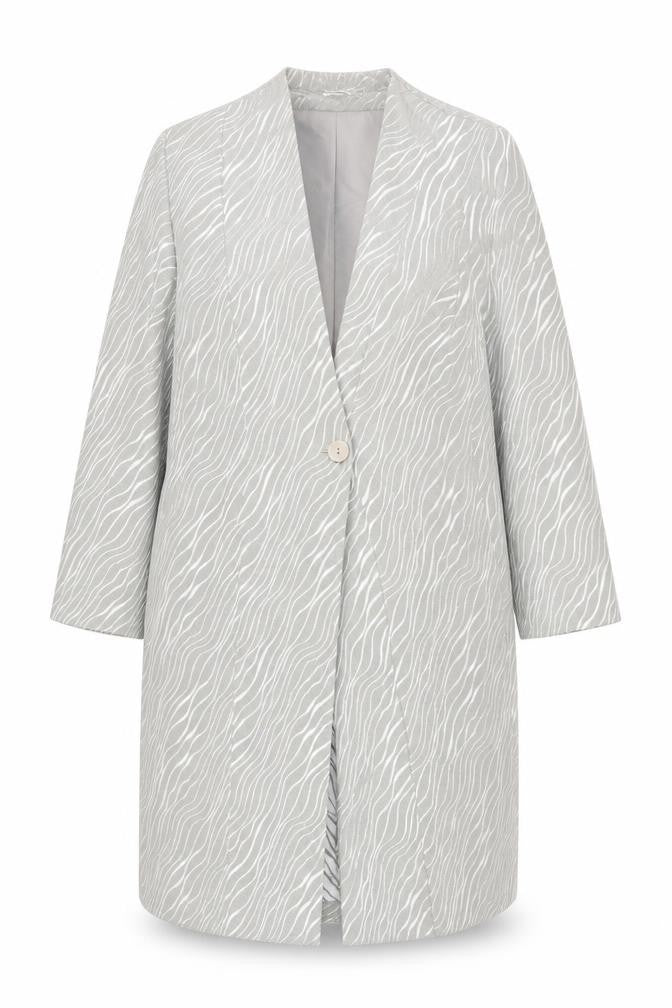 Front view of Mark Angelo women’s grey animal print long coat, size UK 16, polyester