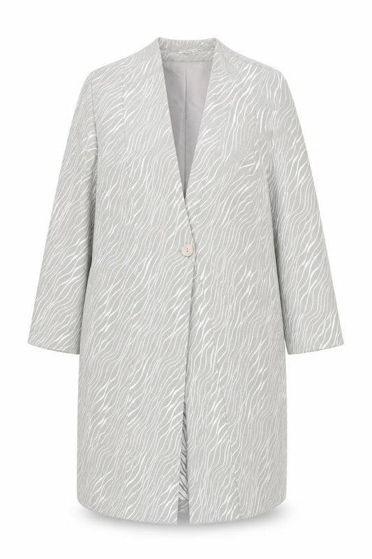 Front view of Mark Angelo women’s grey animal print long coat, size UK 16, polyester
