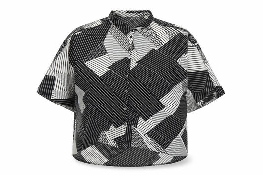 Front view of New Look women’s black geometric cold shoulder button up shirt, size UK 12
