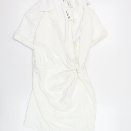Zara Women White XS Shift Dress Short Sleeve Collared Summer